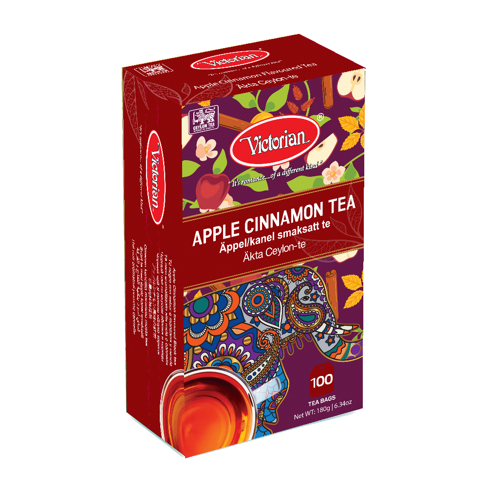 Victorian Apple Cinnamon Tea box with colorful patterns, 100 tea bags (180 g) showing brand and flavor clearly