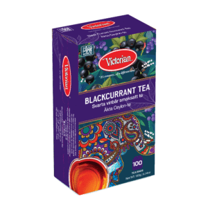 Box of Victorian Blackcurrant Tea with colorful design and 100 tea bags, purple packaging.