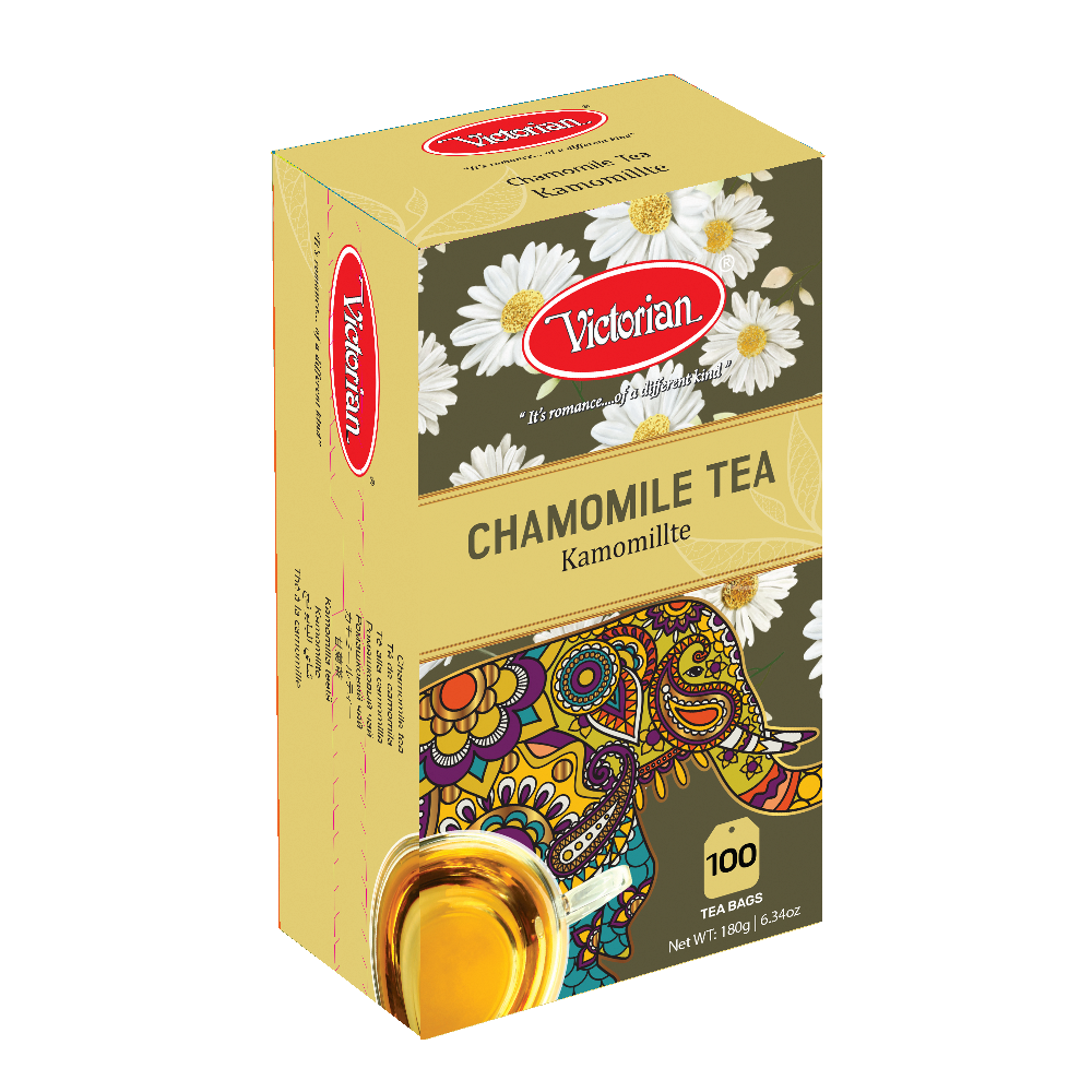 Box of Victorian Chamomile Tea with a colorful decorative elephant, daisies, and a cup of tea (100 tea bags).