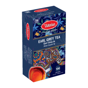 Box of Victorian Earl Grey Tea with blue floral and paisley artwork, 100 tea bags, includes a steaming cup illustration on the front.