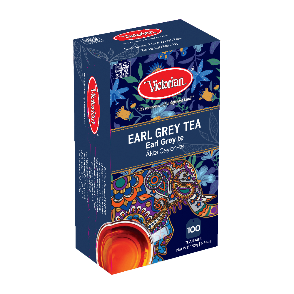 Box of Victorian Earl Grey Tea with blue floral and paisley artwork, 100 tea bags, includes a steaming cup illustration on the front.