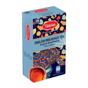 Victorian English Breakfast Tea box with colorful leaf and elephant design, 100 tea bags (180 g).