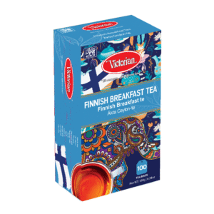 Blue Victorian Finnish Breakfast Tea box with colorful paisley art and the label 'Finnish Breakfast Tea'; includes 100 tea bags (180 g).