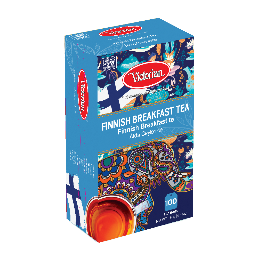 Blue Victorian Finnish Breakfast Tea box with colorful paisley art and the label 'Finnish Breakfast Tea'; includes 100 tea bags (180 g).