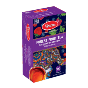 Box of Victorian Forest Fruit Tea with purple packaging and colorful paisley design, 100 tea bags included