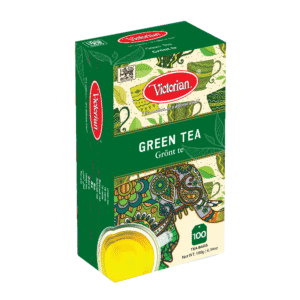Victorian Green Tea box with green and cream artwork and a cup of brewed tea