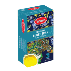 Box of Victorian Green Tea Blueberry, blue packaging with colorful patterns and a cup of tea image on the front side