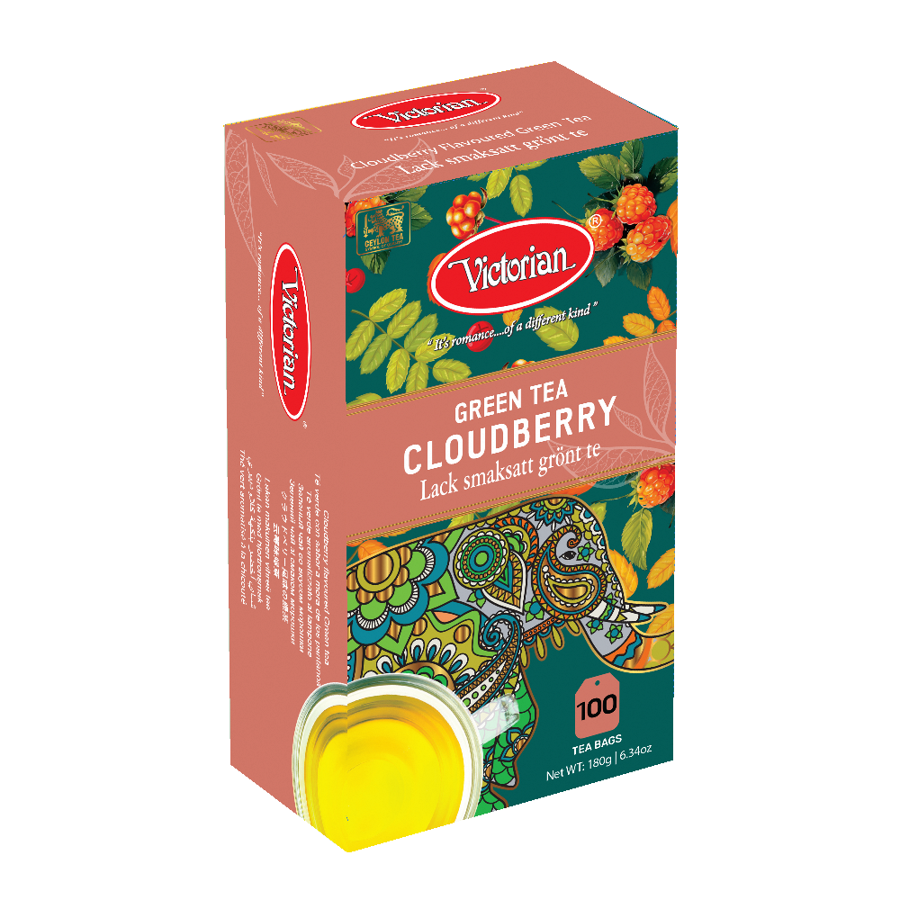 Victoria Green Tea Cloudberry box featuring colorful elephant illustration and the Victoria logo; cup of tea shown at corner (100 tea bags)
