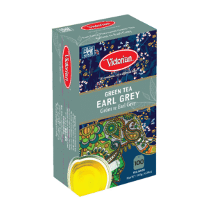 Box of Victoria Green Tea Earl Grey tea bags with teal and blue floral artwork; includes a small cup of tea image and the Victoria logo.