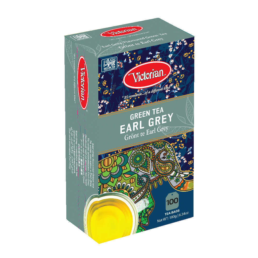 Box of Victoria Green Tea Earl Grey tea bags with teal and blue floral artwork; includes a small cup of tea image and the Victoria logo.