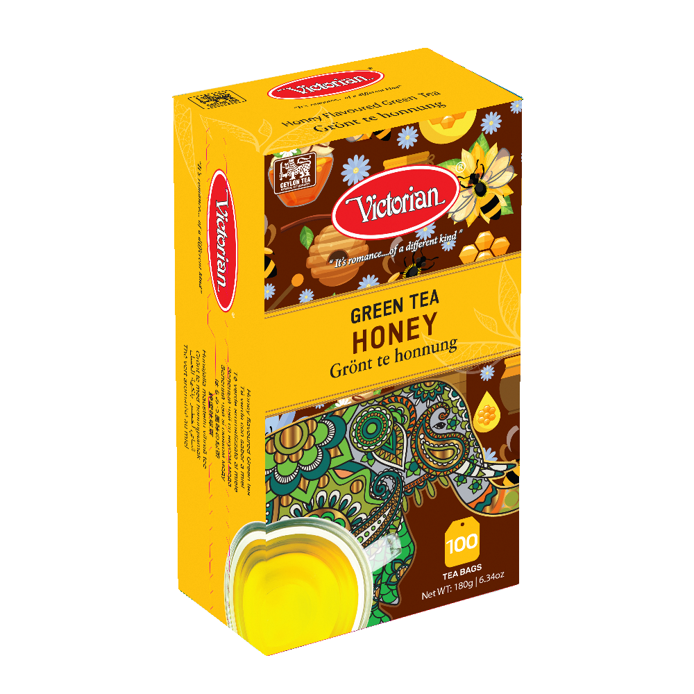 Victorian Green Tea Honey box with bright yellow packaging, brand logo, honey and floral artwork, 100 tea bags