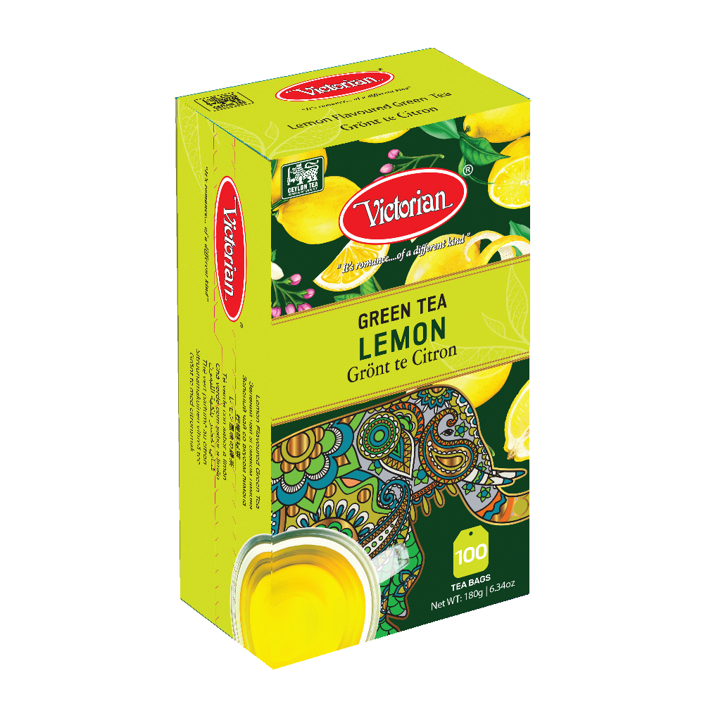 Lemon-flavored green tea box by Victorian with bright lime-green packaging and decorative pattern, 100 tea bags