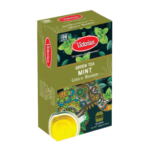 Box of Victorian Green Tea Mint bags, green packaging with mint leaves and colorful decorative design; cup of tea visible at bottom corner.