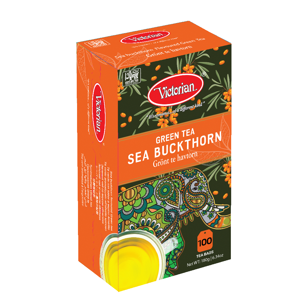 Victorian Green Tea Sea Buckthorn box with orange and green design, showing a teacup and bold product name on the front.