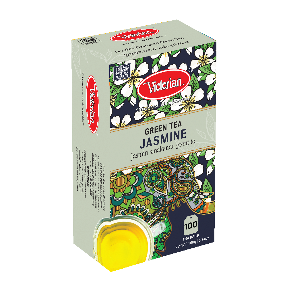 Box of Victorian Green Tea Jasmine, with a colorful floral design and a cup of tea in the foreground