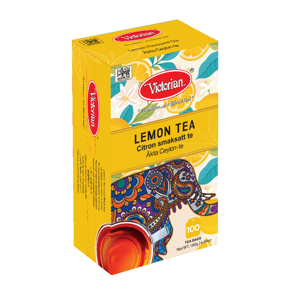 Bright yellow Victorian Lemon Tea box featuring a colorful elephant design and a cup of tea, 100 tea bags included.