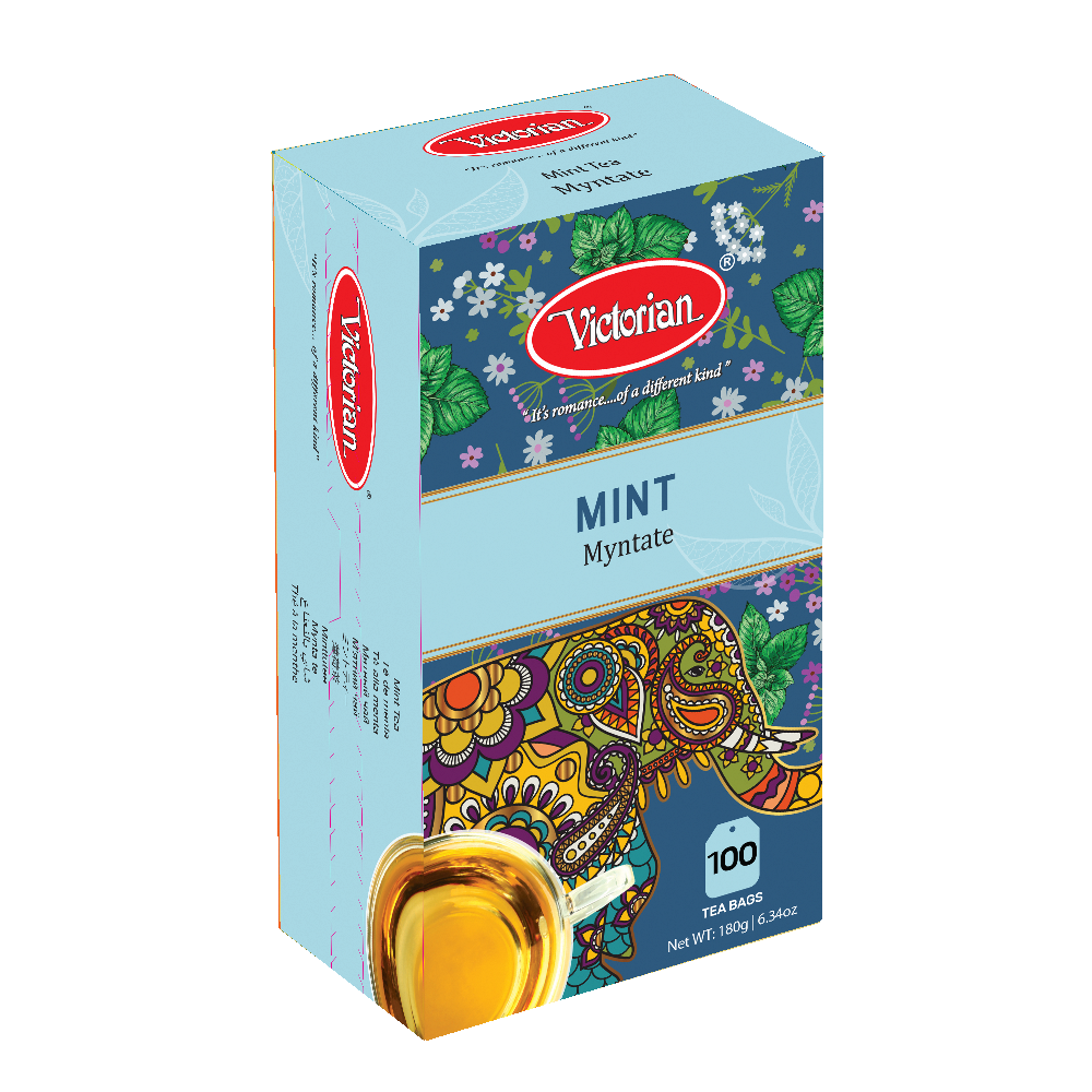 Victoria mint tea box packaging with colorful floral and elephant motif, showing '100 tea bags' and a cup of tea in the foreground