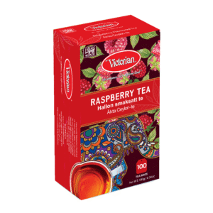 Victorian Raspberry Tea box with raspberries, colorful elephant design, and 100 tea bags (180 g) on red packaging