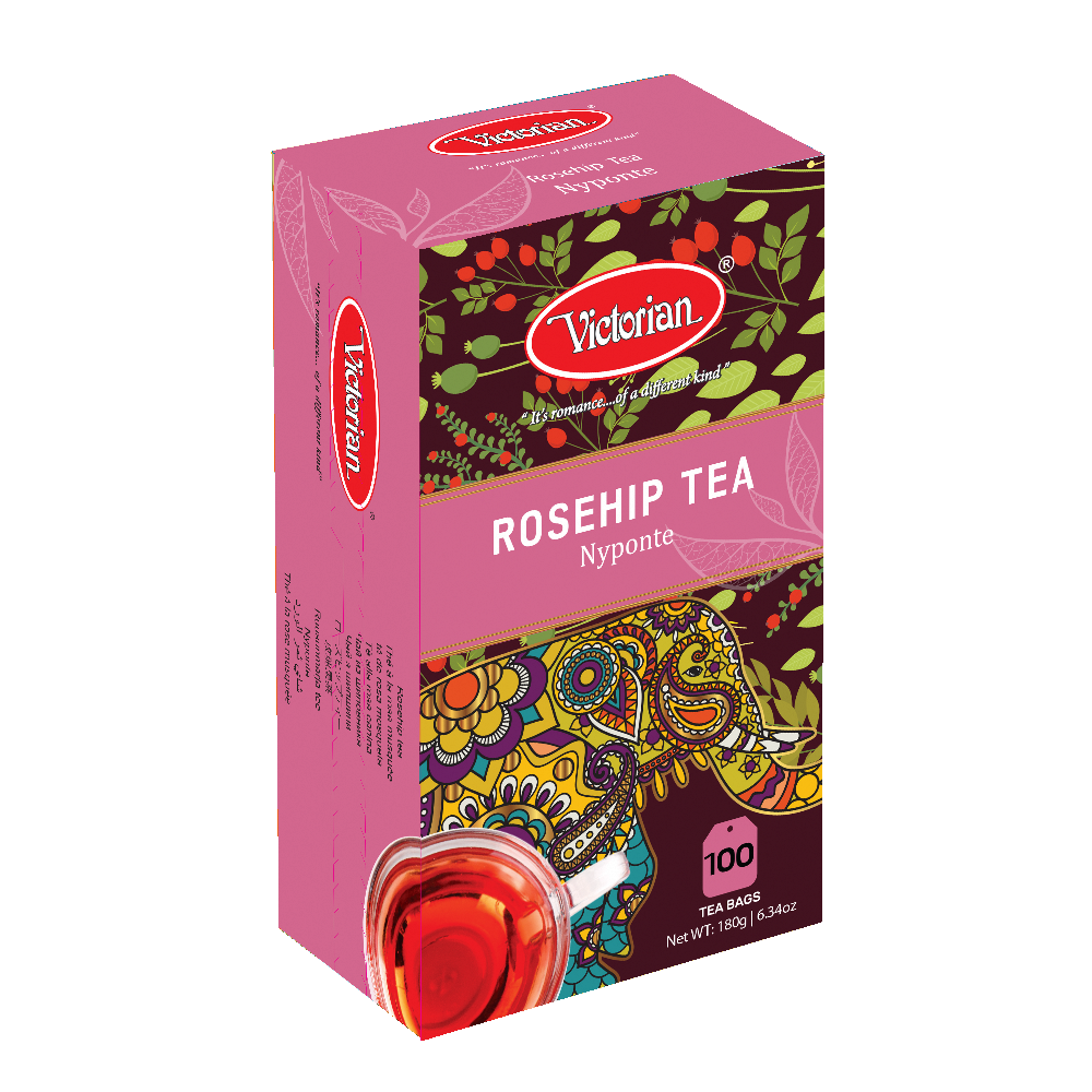 Victorian Rosehip Tea box in pink with floral and paisley artwork, labelled ROSEHIP TEA Nyponte and 100 tea bags, a cup of red tea visible nearby.