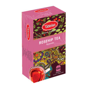 Box of Victorian Rosehip Tea Nyponte with pink floral packaging and a cup of red tea