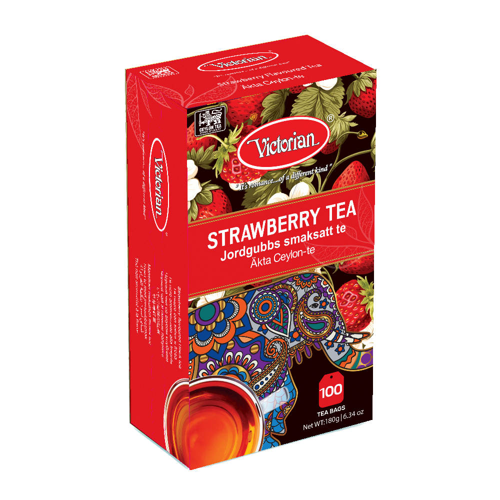 Victorian Strawberry Tea box in red packaging, 100 tea bags visible, with a cup of tea at the corner.