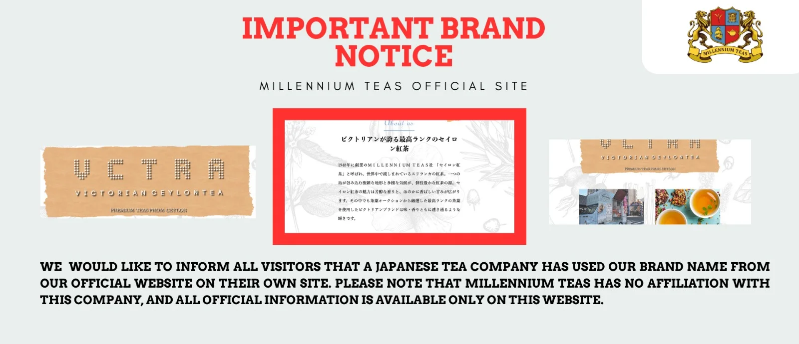 A brand notice from Millenium Teas