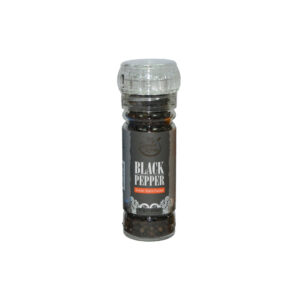 Plastic pepper grinder labeled Black Pepper, Exotic Spice Fusion against a white background