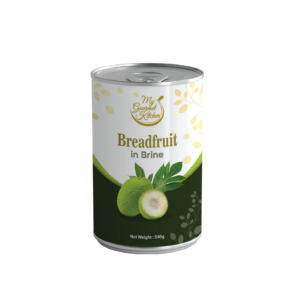 Tin can labeled Breadfruit in Brine with decorative yellow leaves on a white background; net weight 540 g visible at bottom.