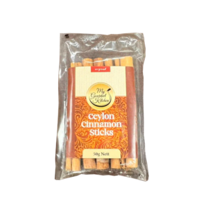 Package of Ceylon cinnamon sticks in a clear plastic bag, 50 g net, with orange label design