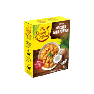 My Gourmet Kitchen pure coconut milk powder box with a bowl of curry and coconuts on the front, yellow packaging, 300 g, product of Sri Lanka