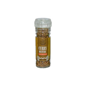 Glass spice bottle labeled Curry Mixture with golden-brown peppercorns inside, cap on top, standing upright on white background