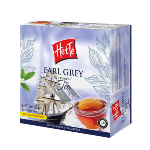 Box of Heté Earl Grey flavoured tea with a sailing ship image and a cup of tea on the front; 100 tea bags included.