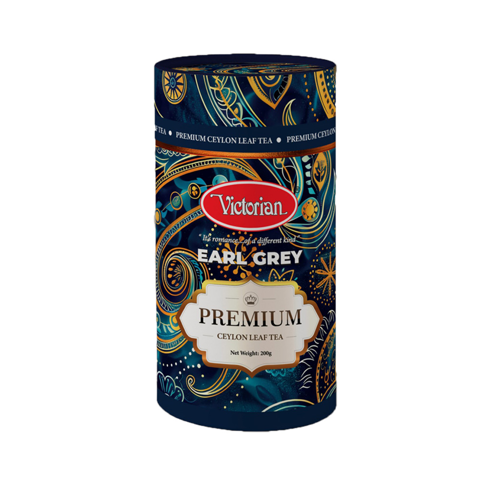 Victorian Earl Grey Premium Ceylon leaf tea tin with a blue and gold decorative pattern and red Victorian logo