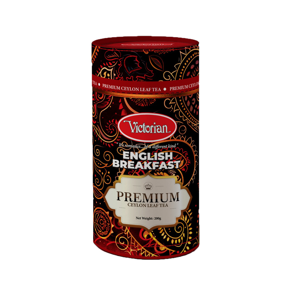 Premium Victorian English Breakfast tea tin with red-black paisley design and gold label, Premium Ceylon Leaf Tea, 200 g.