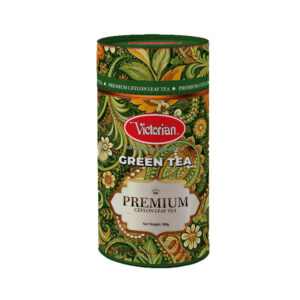 Decoratively patterned green tea tin labeled Victorian Premium Ceylon Leaf Tea, net weight 200g.