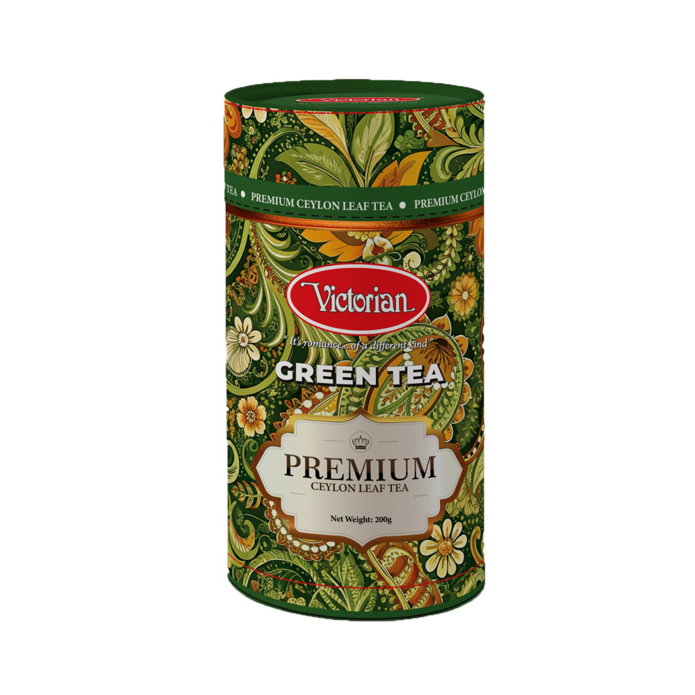 Decoratively patterned green tea tin labeled Victorian Premium Ceylon Leaf Tea, net weight 200g.