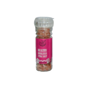 Clear glass spice grinder with a magenta label reading 'Healthy Himalayan Pink Salt' and pink salt crystals inside.