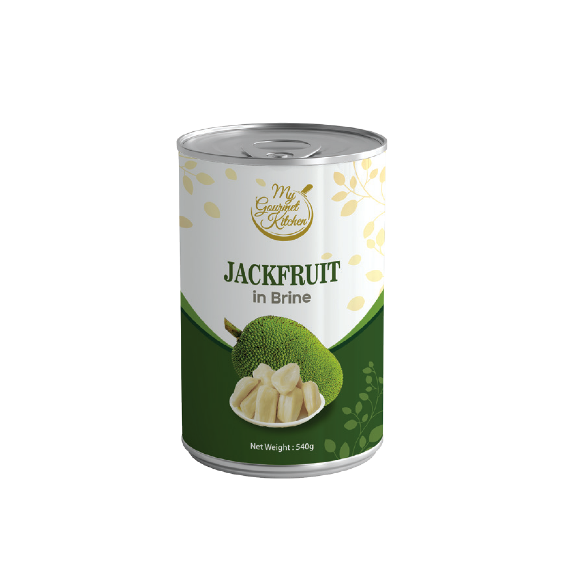 Can of jackfruit in brine with a white label and yellow leaf pattern, showing jackfruit pieces on the label.