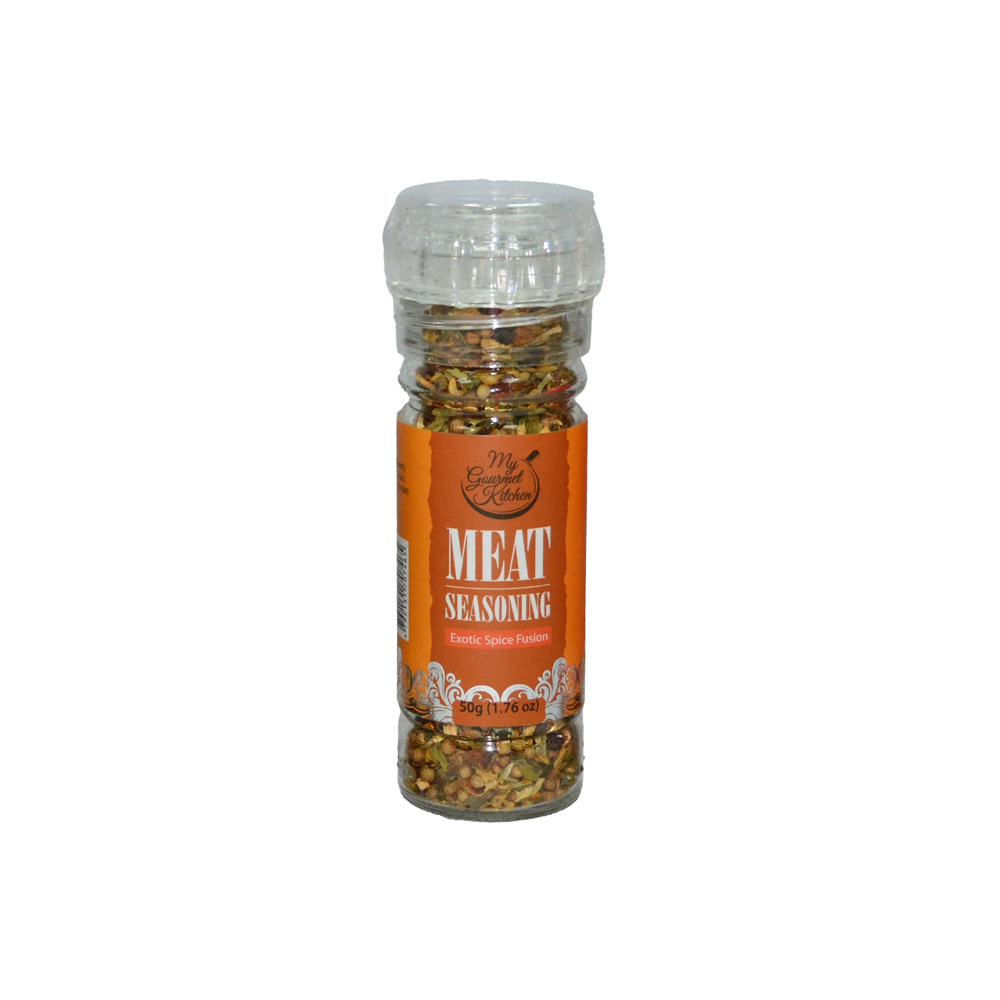 Bottle of meat seasoning with orange label reading MEAT SEASONING; Exotic Spice Fusion, clear shaker with crushed spices inside