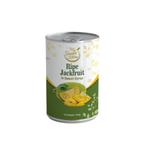 Canned ripe jackfruit in sweet syrup with yellow leaf pattern on white label, net weight 540g (front view)