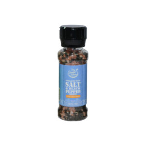Salt and black pepper grinder bottle with blue label, Himalayan rock salt visible inside