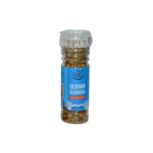 Bottle of seafood seasoning with a blue label reading 'Seafood Seasoning' and visible mixed spices inside.