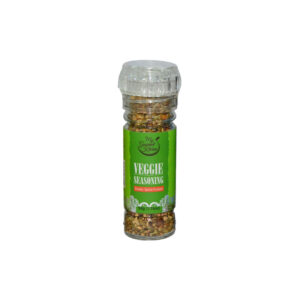 Clear grinder-style bottle of Veggie Seasoning with a bright green label reading VEGGIE SEASONING and Exotic Spice Fusion.
