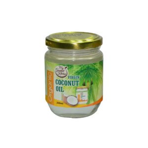 Organic virgin coconut oil in a glass jar with a gold lid, labeled 200ml and 'My Gourmet Kitchen' on the front.