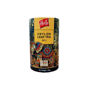 Hette Ceylon Leaf Tea tin with ornate gold and colorful elephant design, 100g net weight