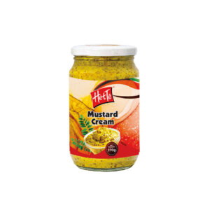 Jar of Hette Mustard Cream mustard paste with white lid; label shows 'Mustard Cream' and 370 g net weight.